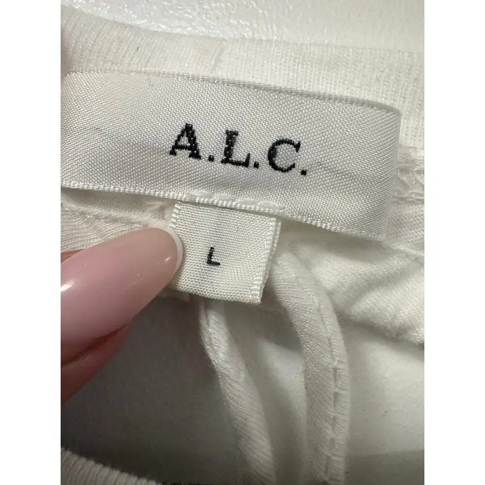 A.L.C Marco T-Shirt Women's L White Cotton Open Tie Back Crew Neck Long Sleeve